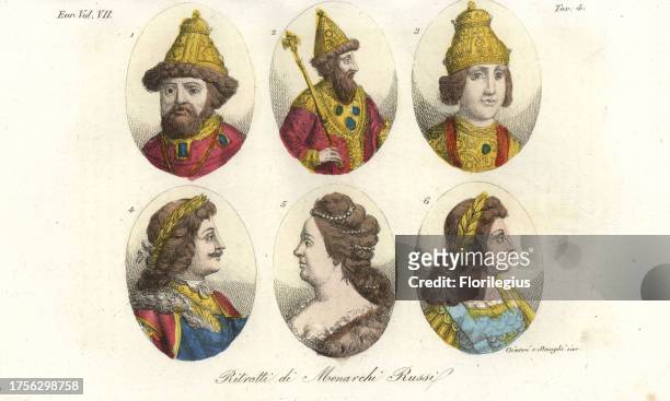 Portraits of Russian Tsars, House of Romanov: Michael l 1, Alexis I 2, Fyodor II 3, Peter I the Great 4, Catherine II the Great 5 and Peter II 6....