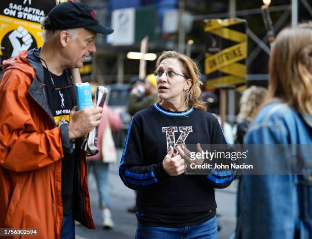 Edie Falco joins SAG-AFTRA members on strike on October 25, 2023 in New York City. The strike, which began on July 14, entered its 100th day on...
