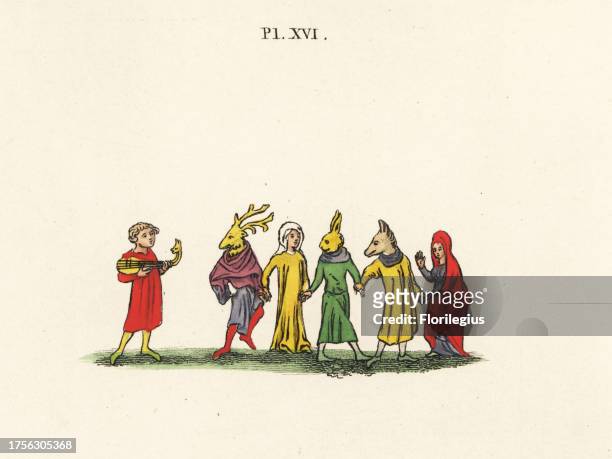 Mummers in odd animal masks and colourful robes, 14th century, dancing to music played by a man on a lute with animal neck. Handcoloured lithograph...