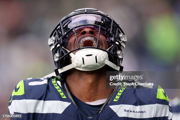 Devon Witherspoon of the Seattle Seahawks celebrates after a tackle against the Arizona Cardinals during the third quarter at Lumen Field on October...