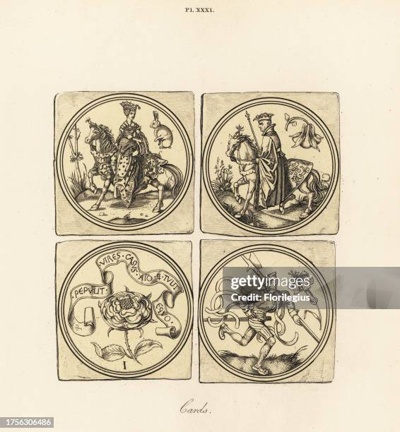 Ancient playing cards including the Queen of Rabbits, the King of Columbines, the Ace of Roses, and the Knave of Pink, 15th century. Handcoloured...