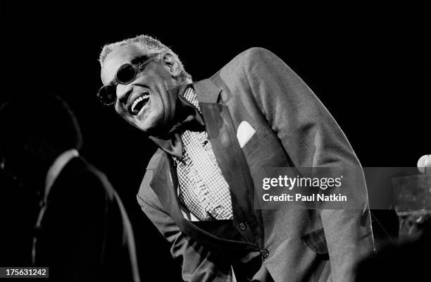 View of musician Ray Charles performing at Rosemont Horizon, Chicago, Illinois, March 22, 1985.