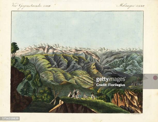 View of the Himalayan mountains. Handcoloured copperplate engraving by Theodore Goetz from Friedrich Johann Bertuch's Bilderbuch fur Kinder , Weimar,...