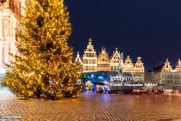 illuminated christmas tree and christmas market at grote markt, antwerpen, belgium - mittelaltermarkt stock-fotos und bilder