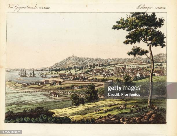 View of the town of Hobart, Tasmania, with 2,700 inhabitants in 400 homes, 1821. Showing the government building, school, church, prison, battery and...