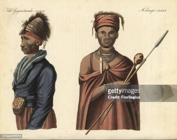Portrait of Stoffel Speelman, a Khoikhoi of Hottentot man 1, and a chief of the Griqua or Kora people with hassagai and kirri 2. Copied from William...