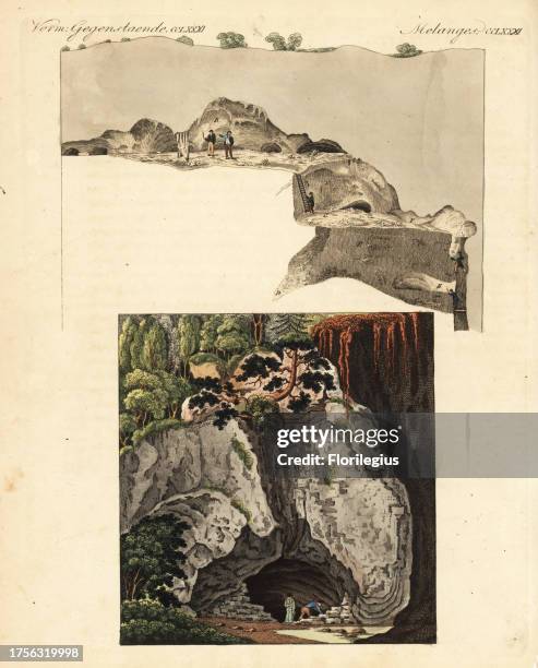 Vertical section of the cave at Gailenreuth, near Muggendorf, Germany, after William Buckland, and entrance to the cave below. Handcoloured...
