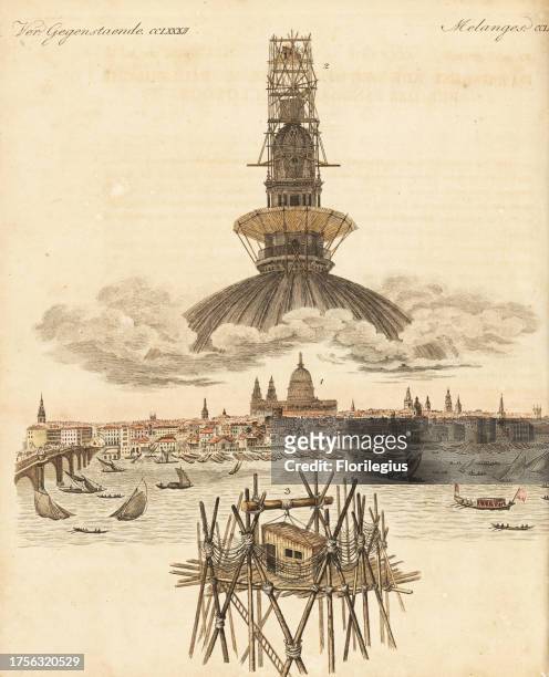 Thomas Hornor's hut on scaffolding above the dome of St. Paul's Cathedral, London, where he painted his giant panorama of London, 1821. Handcoloured...