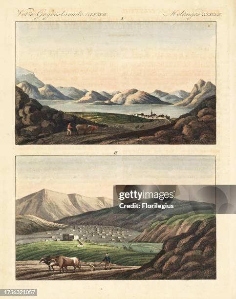 View of the town of Tiberias on the Sea of Galilee, and view of the town of Nazareth, 1820. Handcoloured copperplate engraving from Friedrich Johann...