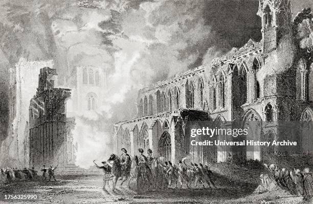 The destruction of Elgin Cathedral, Moray, Scotland in 1390 by Robert III's brother Alexander Stewart, Earl of Buchan, aka the Wolf of Badenoch. From...