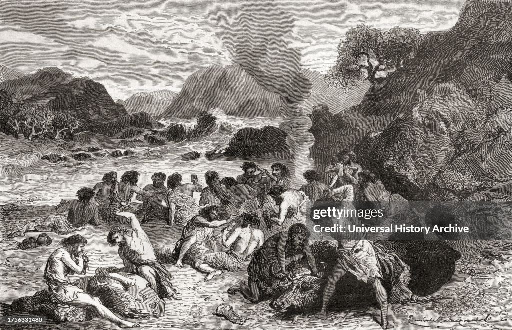 Neanderthal man feasting on their kill during prehistoric times