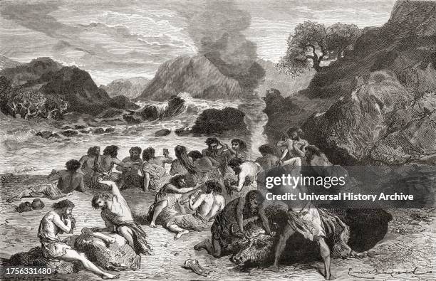Neanderthal man feasting on their kill during prehistoric times. From L'Homme Primitif, published 1870.