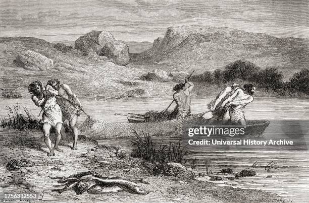Fishermen from the Neolithic Age aka New Stone Age or Age of the Polished Stone. From L'Homme Primitif, published 1870.