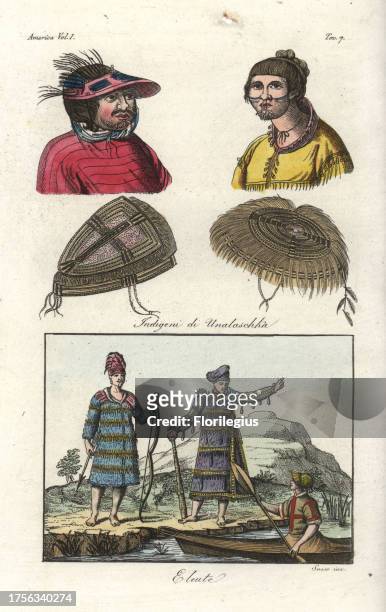 Natives of Unalaska wearing traditional hats and facial piercings, and natives of the Aleutian Islands in hunting garb with kayak. Handcoloured...