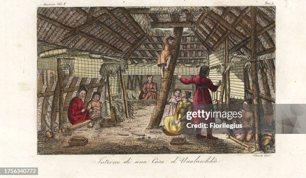 Interior of an underground Aleut house in Unalaska, with women caring for children and weaving straw goods. Handcoloured copperplate engraving by...