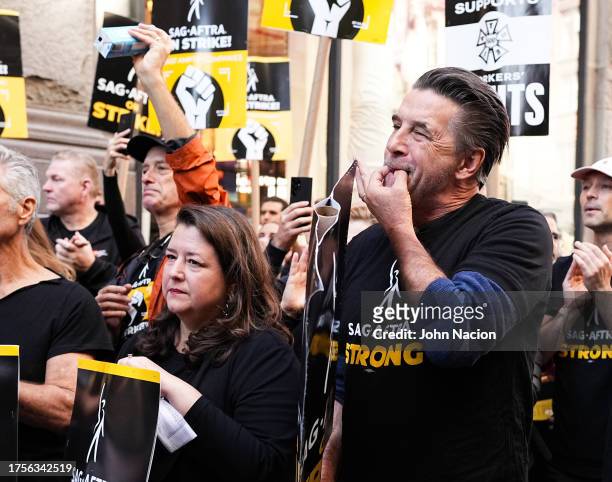 Rebecca Damon and William Baldwin join SAG-AFTRA members on strike on October 25, 2023 in New York City. The strike, which began on July 14, entered...