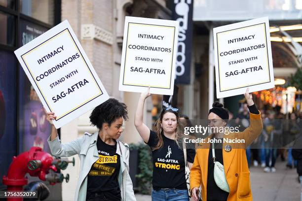 Intimacy coordinators join SAG-AFTRA members on strike on October 25, 2023 in New York City. The strike, which began on July 14, entered its 100th...