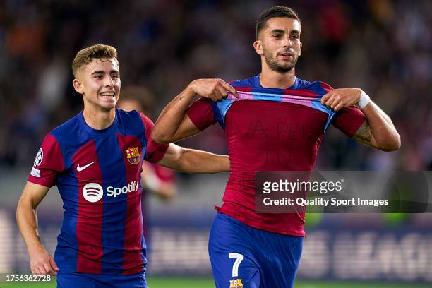 Ferran Torres of FC Barcelona celebrates after scoring his team's first goal during the Group H - UEFA Champions League match between FC Barcelona...