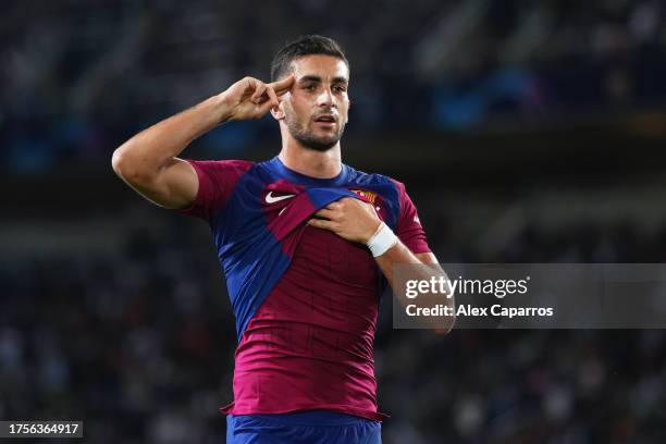 Ferran Torres of FC Barcelona celebrates after scoring the team's first goal during the UEFA Champions League match between FC Barcelona and FC...