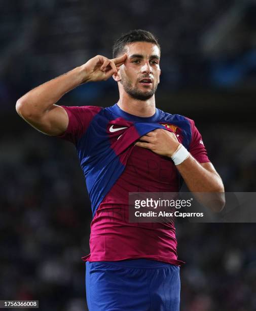 Ferran Torres of FC Barcelona celebrates after scoring the team's first goal during the UEFA Champions League match between FC Barcelona and FC...