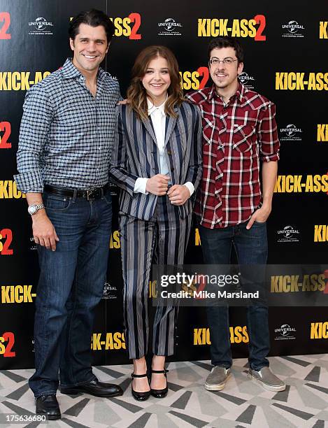 Writer and director Jeff Wadlow, Actors Chloe Grace Moretz and Christopher Mintz-Plasse attend the Kick-Ass 2 photocall on August 5, 2013 in London,...