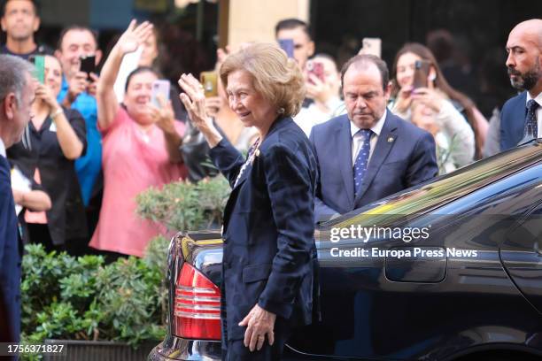 Queen Emeritus Sofia on her arrival for the visit of the Fundacio Banc dels Aliments de les Comarques de Tarragona, on 25 October, 2023 in Reus,...