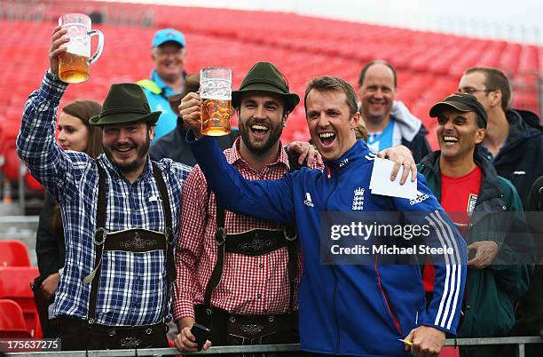 Graeme Swann of England celebrates with fans after England retained the Ashes during day five of the 3rd Investec Ashes Test match between England...