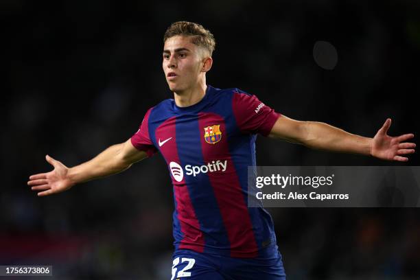 Fermin Lopez of FC Barcelona scores the team's second goal during the UEFA Champions League match between FC Barcelona and FC Shakhtar Donetsk at...