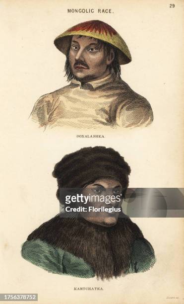 Aleut man of Unalaska in hat, and Itelmen man of Kamchatka in fur hat and collar. Oonalshka and Kamtchatka, Mongolic Race. Handcoloured steel...