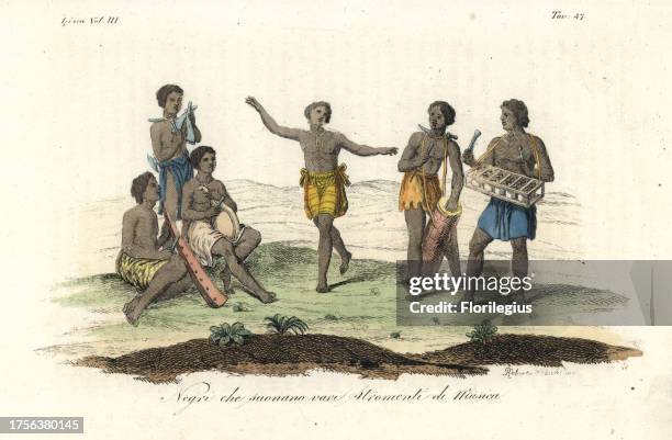 Natives of the Kingdom of Kongo playing various musical instruments and dancing. A gourd-resonated xylophone marimba, a drum ngamba, double bell...