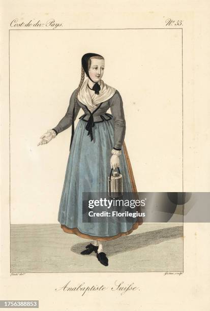 Anabaptist milkmaid of the Canton of Basel, Switzerland, 19th century. She carries a pail of milk and wears a simple cornette cap, braided hair tied...