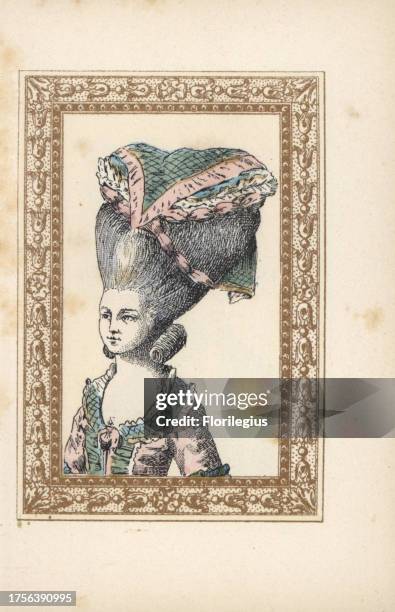 Woman in huge upcombed hairstyle with curls at the nape, surmounted with a bonnet and fichu. Coiffure a la Quinot. Handcoloured lithograph by de...