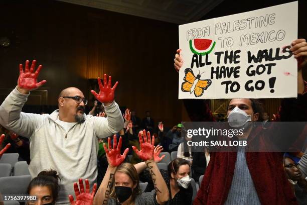 Protesters raise their painted hands as US Secretary of State Antony Blinken and Defense Secretary Lloyd Austin testify during a Senate...