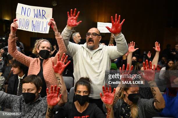 Protesters raise their painted hands as US Secretary of State Antony Blinken and Defense Secretary Lloyd Austin testify during a Senate...