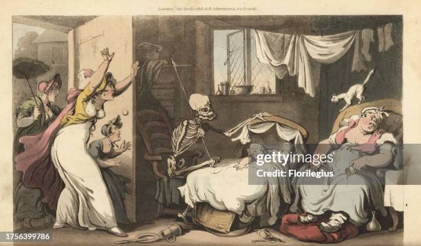 The skeleton of Death rocks the cradle of a baby while the nanny sleeps and the distraught mother arrives home. Handcoloured copperplate drawn and...