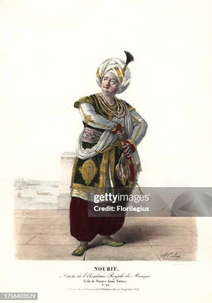 French tenor Adolphe Nourrit as the soldier Tarare in the opera Tarare by Antonio Salieri, Academie Royale de Musique, 1823. Handcoloured lithograph...