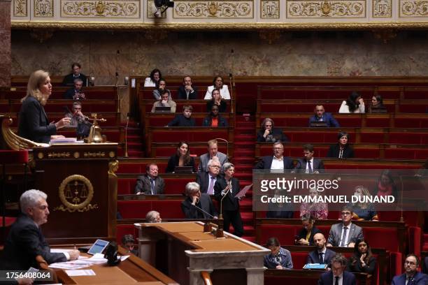 French MP for Europe-Ecologie-Les Verts and left-wing coalition NUPES Sandrine Rousseau speaks during a session of questions at the National Assembly...