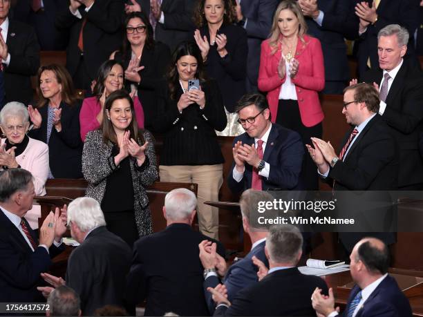 House Republicans applaud as U.S. Rep. Mike Johnson is elected the new Speaker of the House at the U.S. Capitol on October 25, 2023 in Washington,...