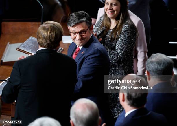 House Republicans applaud as U.S. Rep. Mike Johnson is elected the new Speaker of the House at the U.S. Capitol on October 25, 2023 in Washington,...