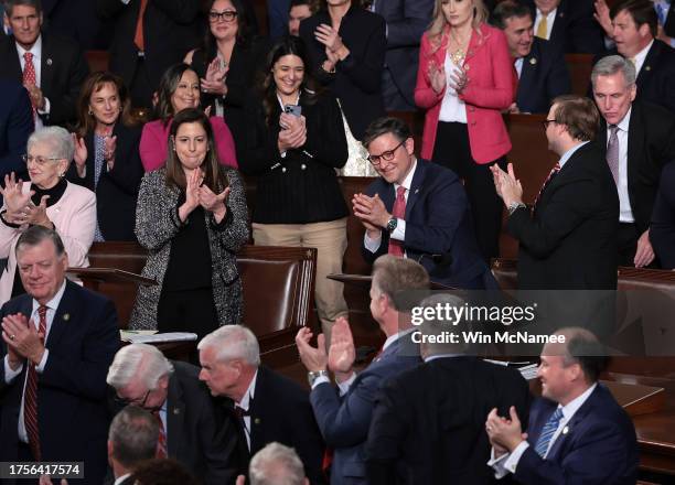 House Republicans applaud as U.S. Rep. Mike Johnson is elected the new Speaker of the House at the U.S. Capitol on October 25, 2023 in Washington,...