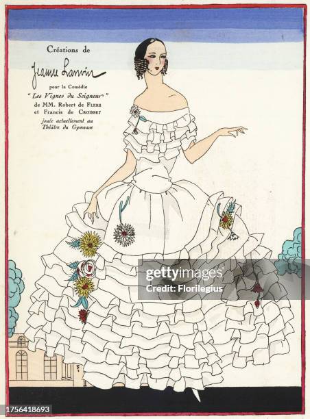 Woman in dress of white organdi decorated with bouquets of flowers, worn by the actress Mlle. B. Daussmon in the role of Gisele. Handcolored pochoir...