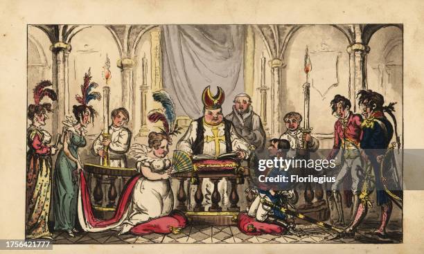 Marriage of Napoleon Bonaparte and Josephine de Beauharnais at Notre Dame, 1804. Handcoloured copperplate engraving by George Cruikshank from The...