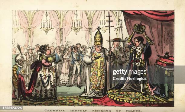 Napoleon Bonaparte crowning himself Emperor of France at Notre Dame, 1804. Handcoloured copperplate engraving by George Cruikshank from The Life of...