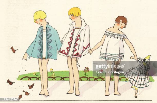 Girls in short embroidered coats and dresses with doll. Handcolored pochoir lithograph from the French luxury fashion magazine Art, Gout, Beaute,...