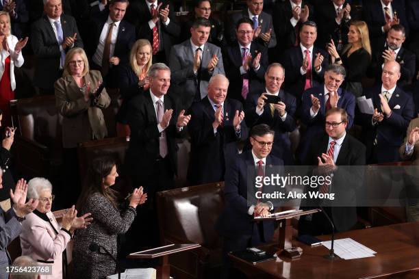 House Republicans applaud as U.S. Rep. Mike Johnson is elected the new Speaker of the House at the U.S. Capitol on October 25, 2023 in Washington,...