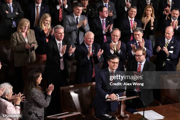 House Republicans applaud as U.S. Rep. Mike Johnson is elected the new Speaker of the House at the U.S. Capitol on October 25, 2023 in Washington,...