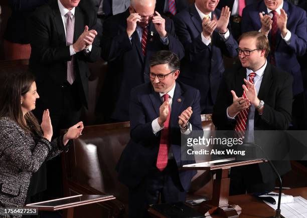 House Republicans applaud as U.S. Rep. Mike Johnson is elected the new Speaker of the House at the U.S. Capitol on October 25, 2023 in Washington,...