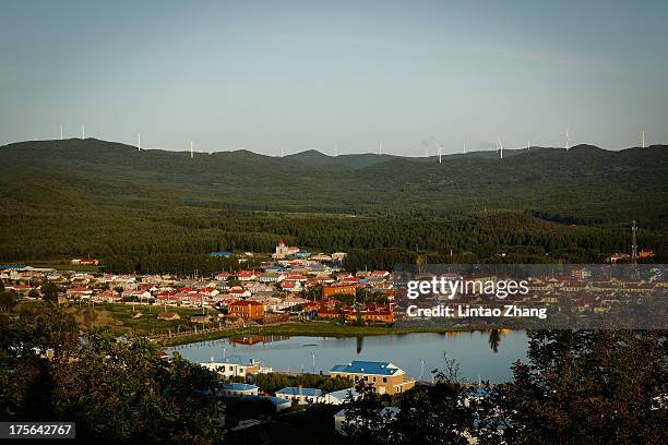 General view of the Jiejinkou Hoche Township on August 2, 2013 in Tongjiang, Heilongjiang Province, China. Jiejinkou Hoche Township is located in the...