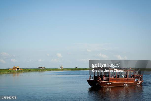 Tours visit Fujin Everglades National Park on August 1, 2013 in Fujin, Heilongjiang Province, China. Sanjiang natural wetland area located in...