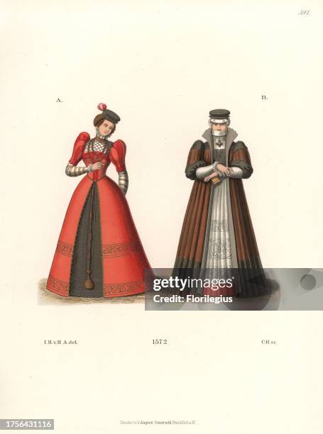 German women in dresses with big shoulder pads, 1572. Young woman in gold hairnet and plumed cap, and doctor's wife in unusual hat and veil that...